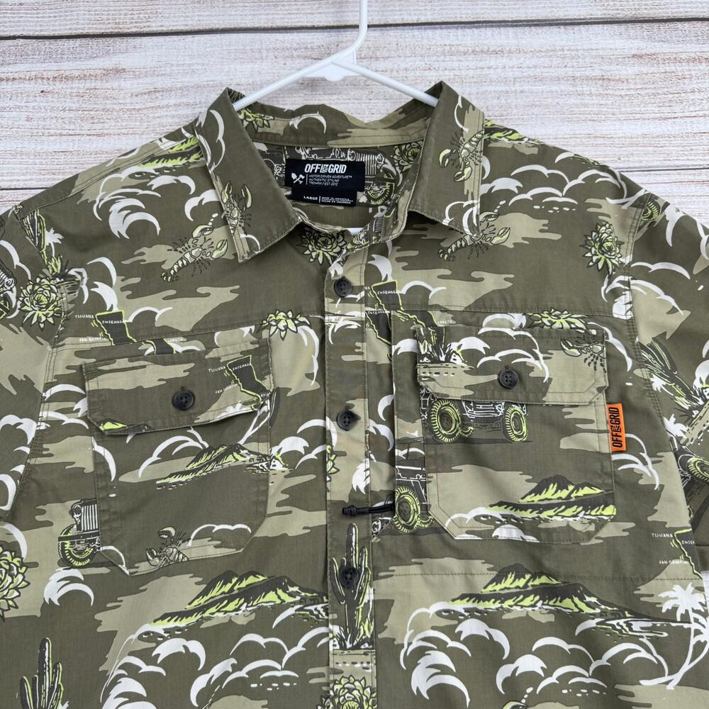 Off the Grid Baja Mexico Print Vented Button Down Shirt Mens Large Green Beige - Picture 3 of 11